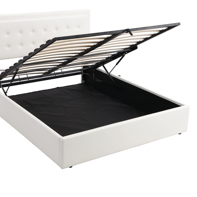 Queen Size Tufted Upholstered Platform Bed with Hydraulic Storage System,PU Storage Bed with LED Lights,White