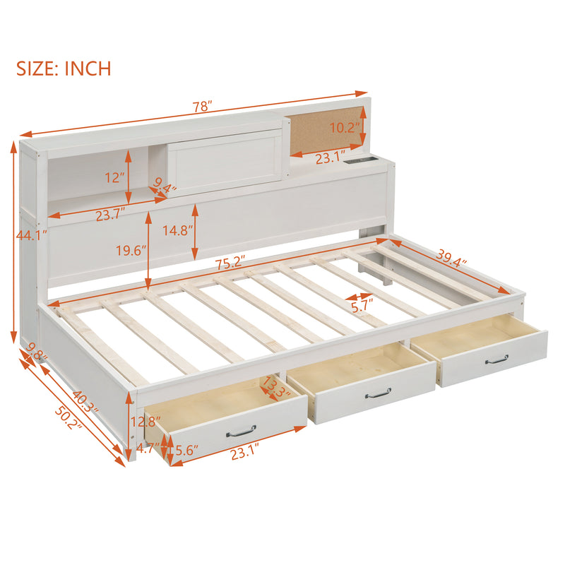 Twin Size Wooden Daybed with 3 Storage Drawers, Upper Soft Board, shelf, and a set of Sockets and USB Ports, White