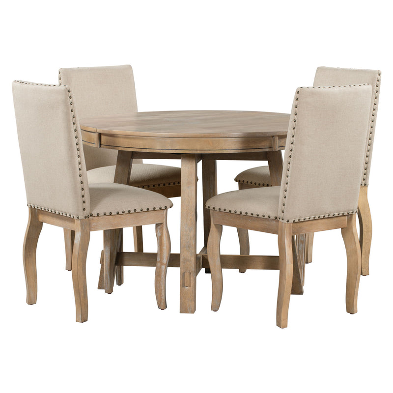 Farmhouse Dining Table Set Wood Round Extendable Dining Table And Upholstered Dining Chairs