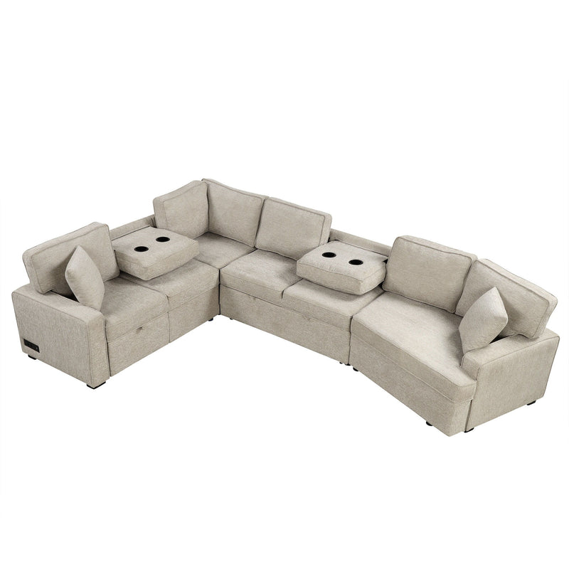 L-Shaped Sofa Sectional Sofa Couch Pull-Out Sofa Bed With Charging Devices And Cup Holders For Living Room