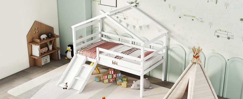 Twin Low Loft House Bed with Slide,  Ladder, Safety Guardrails, House Roof Frame,White