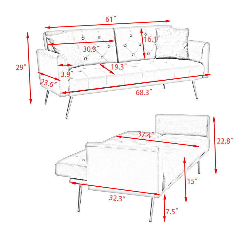 Velvet Nail Head Sofa Bed With Throw Pillow And Midfoot