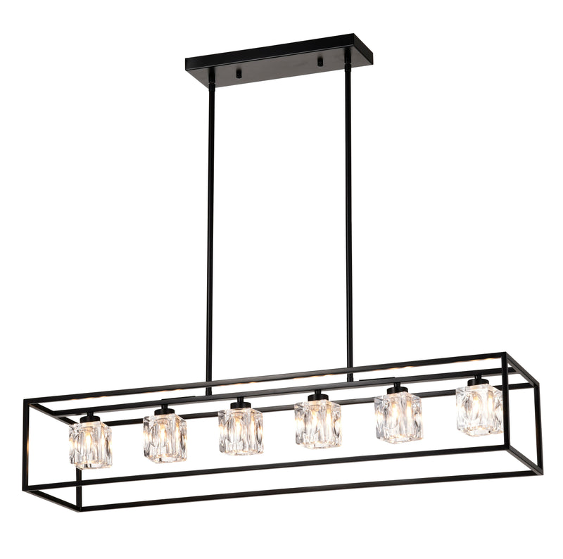 6 Light Farmhouse Chandelier, Modern Industrial Linear Rectangular Crystal Pendant Light Cage Chandelier For Dining Room, Kitchen Island, Bar, Long Table, G9*6 Bulbs Included - Matte Black