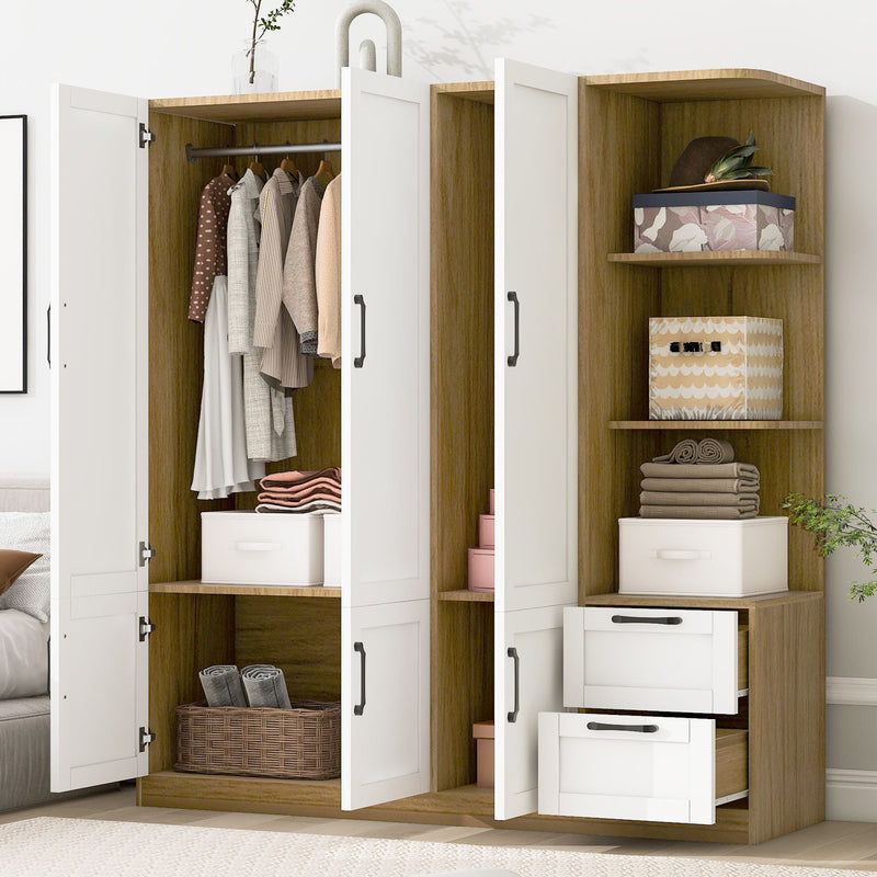 3 Door Storage Wardrobe For Dedroom With Shelves And 2 Drawers, Side Storage Shelves