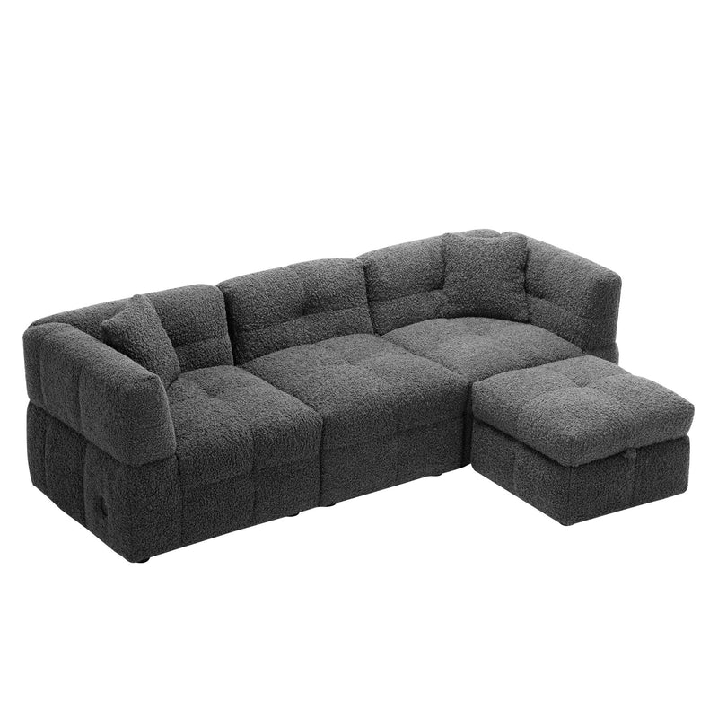 Sectional Sofa Cozy Teddy Fleece Sectional Sofa Couch With Two USB Ports A Movable Storage Ottoman And Two Lumbar Pillows For Living Room