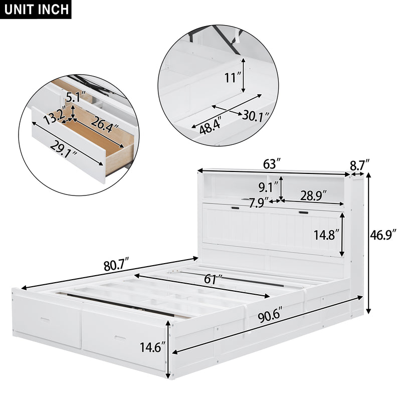 Wood Queen Size Hydraulic Platform Bed with Storage LED Headboard, Charging Station and 2 Drawers, White