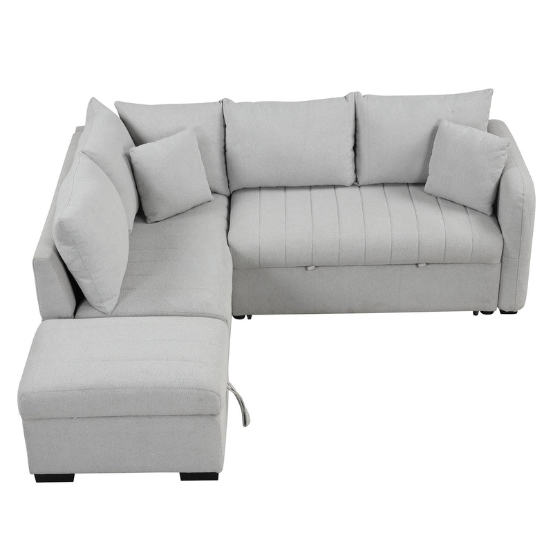 L-Shaped Sectional Pull Out Sofa Bed Sleeper Sofa With Two USB Ports, Two Power Sockets And A Movable Storage Ottoman