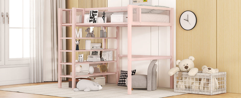 Twin Size Metal Loft Bed with 4-Tier Shelves and Storage, Pink