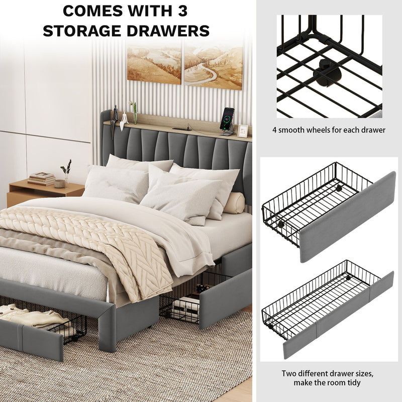 Queen Size Bed Frame with Storage Headboard and Charging Station, Upholstered Platform Bed with 3 Drawers, No Box Spring Needed, Dark Gray