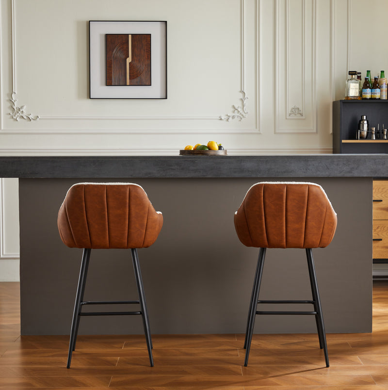 Modern Counter Height Bar Stools (Set of 2), Mid-Century Leather Upholstered Accent Arm Bar Stools, Leisure Side Chair With Metal Legs For Kitchen & Dining Room - Dark Brown / White