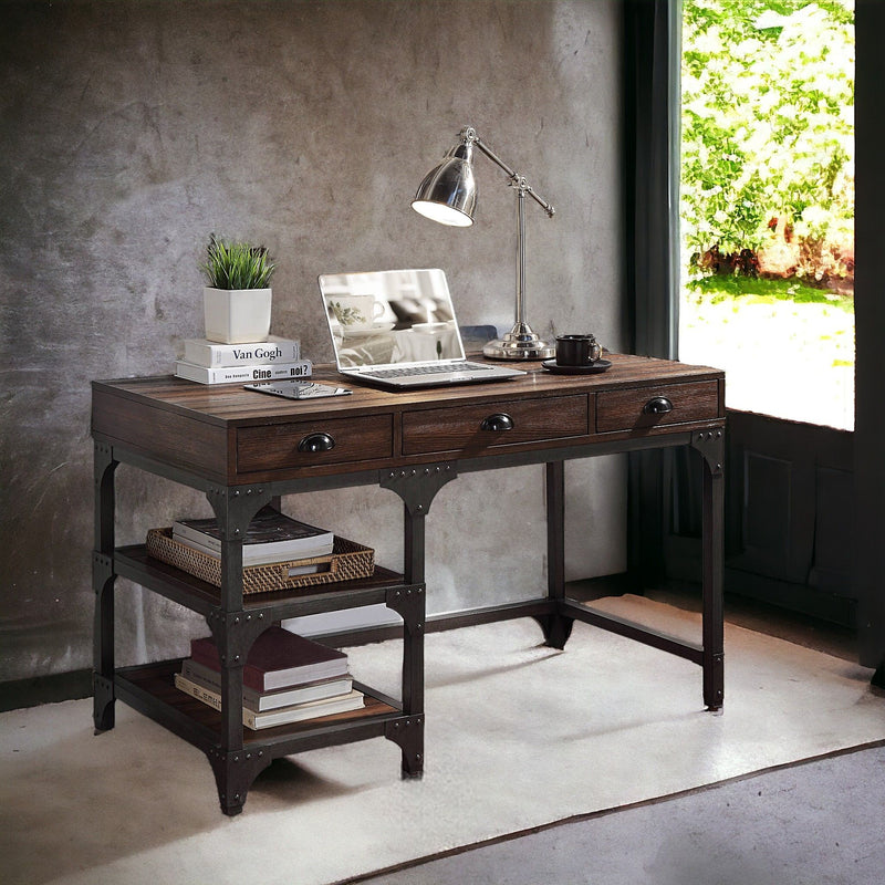 Antique Metal Writing Desk - Espresso / Oak