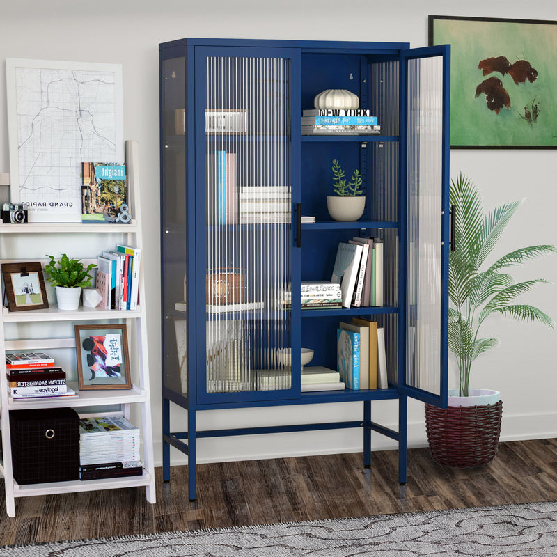 Double Glass Door Storage Cabinet with Adjustable Shelves and Feet Cold-Rolled Steel Sideboard Furniture for Living Room Kitchen BLUE