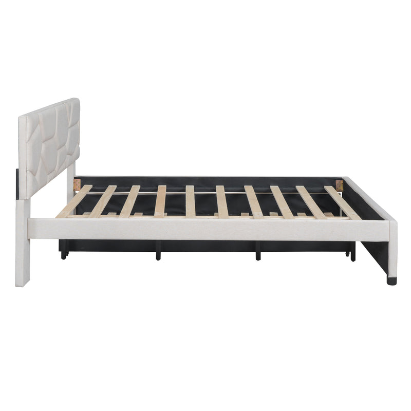 Queen Size Upholstered Platform Bed with Brick Pattern Headboard and Twin XL Size Trundle, Linen Fabric, Beige