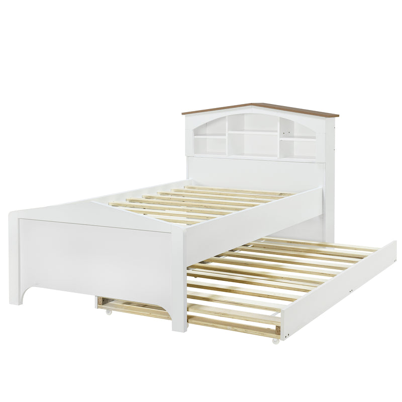 Twin Size Wood Platform Bed with House-shaped Storage Headboard and Trundle, White