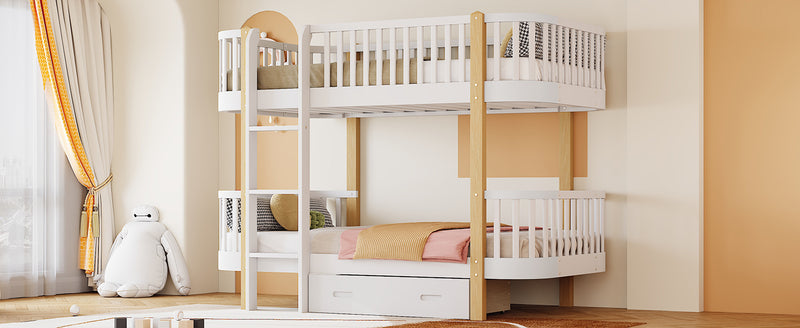 Wood Twin over Twin Bunk Bed with Fence Guardrail and a Big Drawer, White