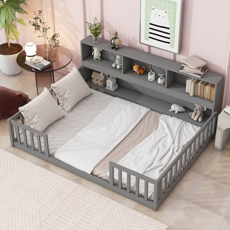 Floor Bed With Side Bookcase, Shelves, Guardrails