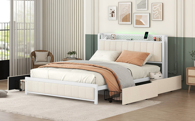 Queen Bed Frame with LED Headboard, Upholstered Bed with 4 Storage Drawers and USB Ports, Beige