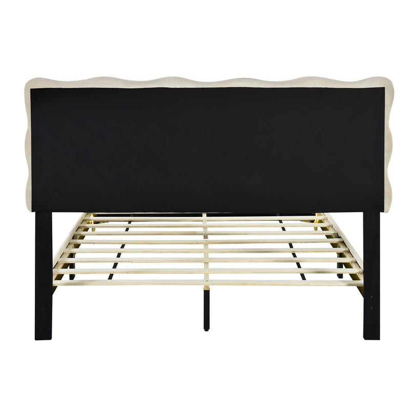 Queen Size Velvet Platform Bed with LED Frame and Stylish Mental Bed Legs, Beige