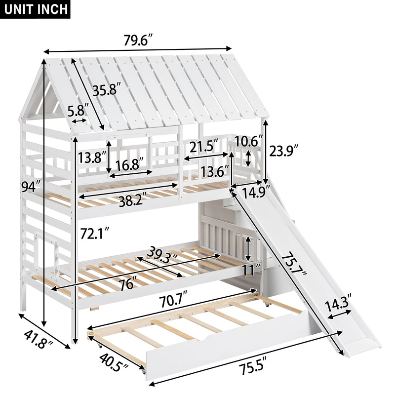 Twin over Twin House Bunk Bed with Trundle and Slide, Storage Staircase, Roof and Window Design, White(Old SKU: GX000931AAK)