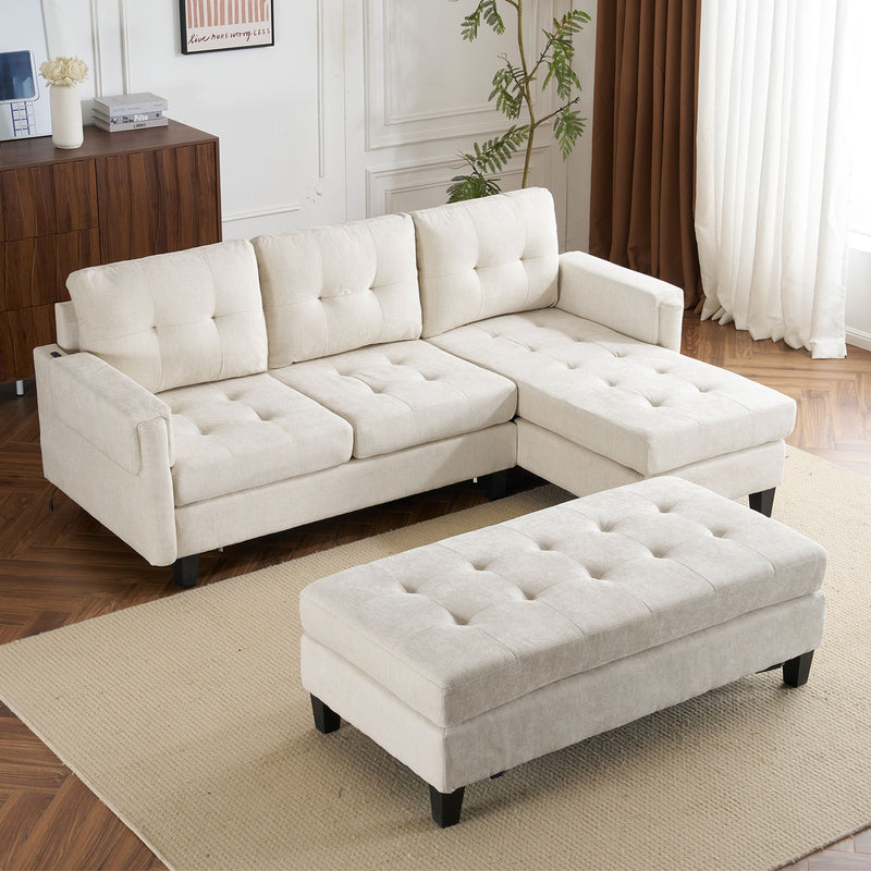 L Shaped Sofa Sectional Couch Sofa Bed With Two USB Ports, A Movable Ottoman And A Reversible Chaise Lounge For Living Room