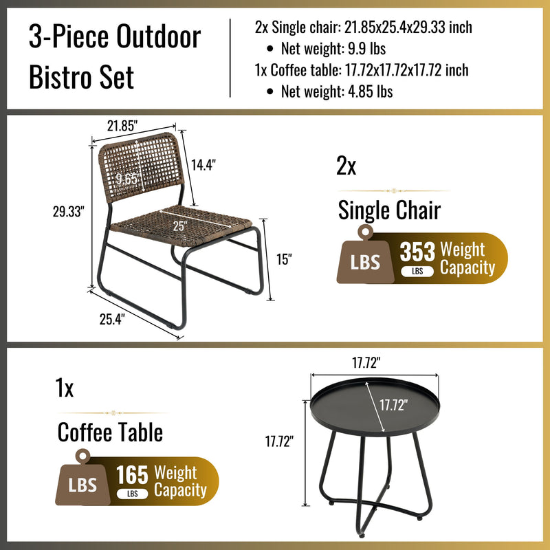 Patio Furniture Set 3 Piece Mixture Pattern PE Rattan Steel Frame And Modern Round Table - Brown / Black