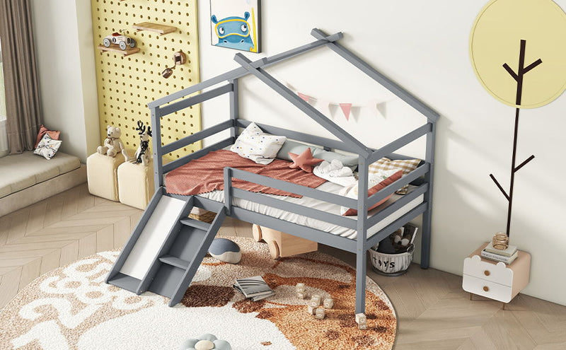 Low Loft House Bed With Slide, Ladder, Safety Guardrails, House Roof Frame