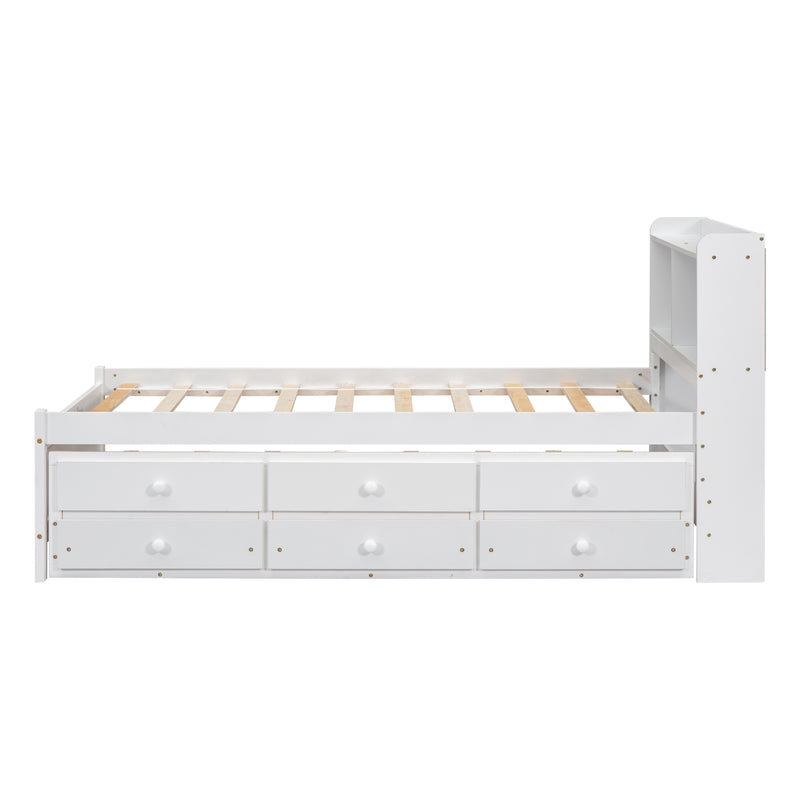 Twin Size Bed with  built-in USB ,Type-C Ports, LED light, Bookcase Headboard, Trundle and 3 Storage Drawers, Twin Size Bed with  Bookcase Headboard, Trundle and Storage drawers  ,White