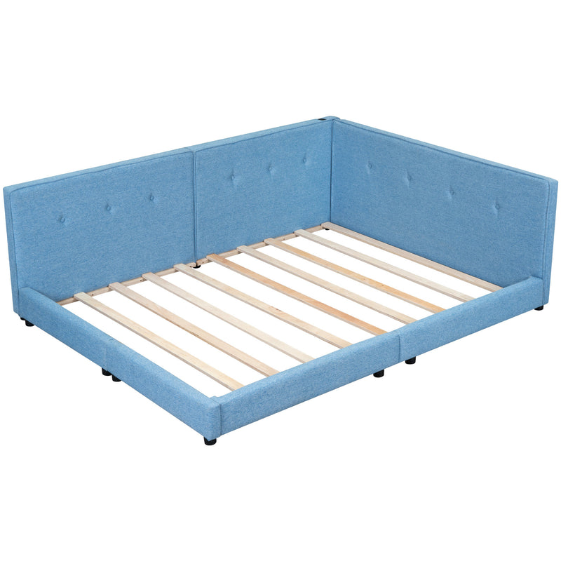 Upholstered Full Size platform bed with USB Ports, Blue