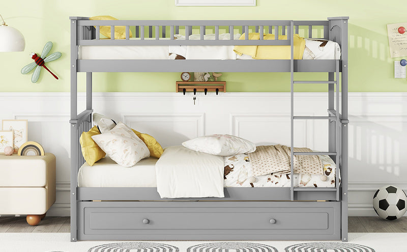 Twin over Twin Bunk Bed with Twin Size Trundle, Convertible Beds, Gray