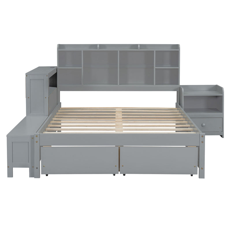 Platform Bed With Multi Functional Storage Space, Nightstand, 2 Drawers, USB Ports And Desk