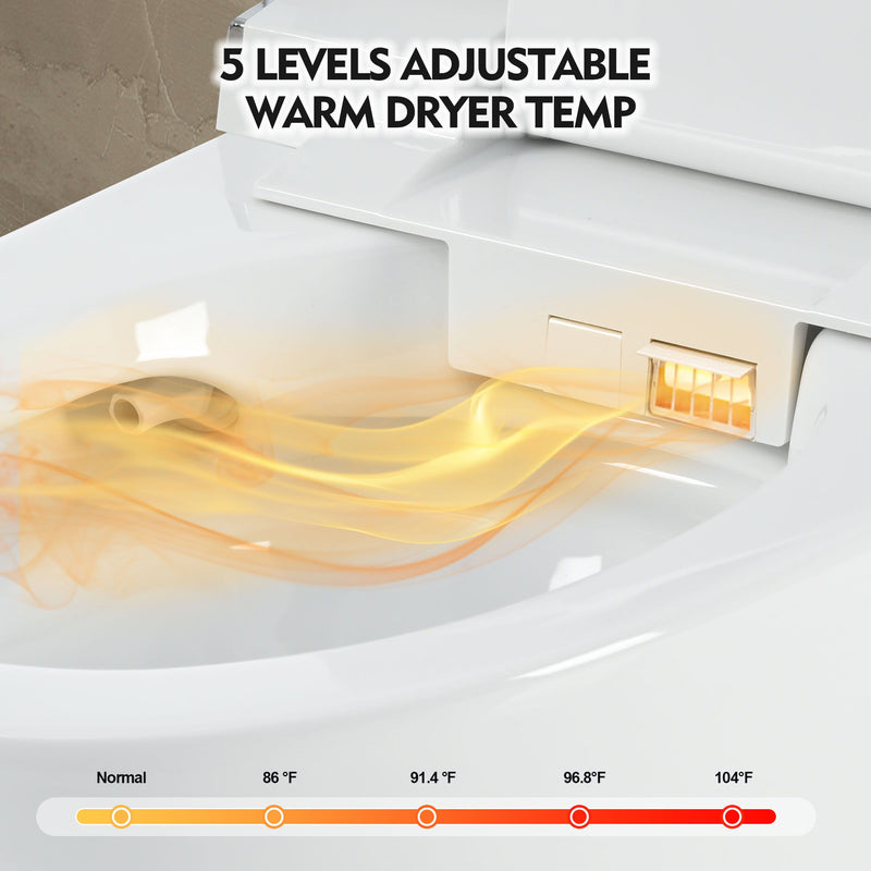 Luxury Smart Toilet With Dryer And Warm Water, Elongated Bidet Toilet With Heated Seat, With Remote Control, Led Night Light, Power Outage Flushing, Soft Close Cover - White