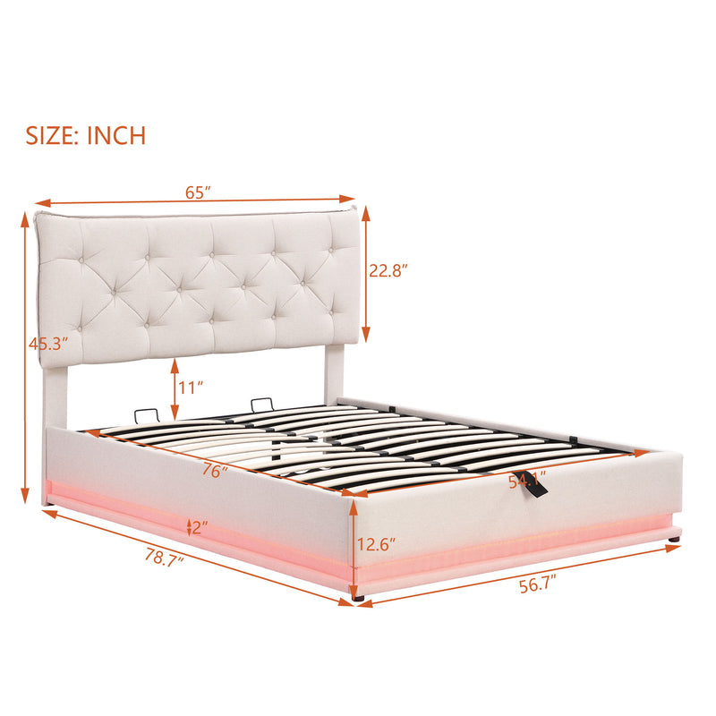 Upholstered Bed With Hydraulic Storage System And LED Light, Modern Platform Bed With Button-Tufted Design Headboard