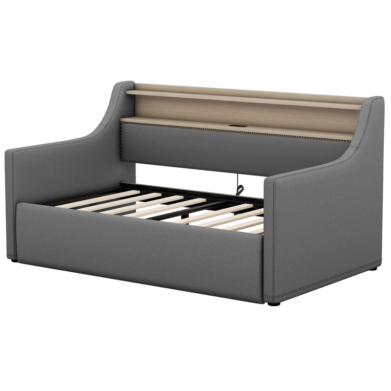 Twin Size Daybed with Hydraulic Storage, Upholstered Daybed with Lift Up Storage, Twin Linen Daybed with Charging Station and LED Lights,Gray(Expect arrival date 2024.2.20)