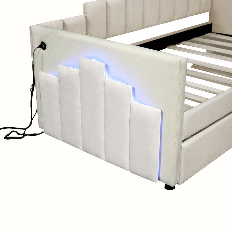 Twin Size Upholstered Daybed with Light and USB Port, Beige