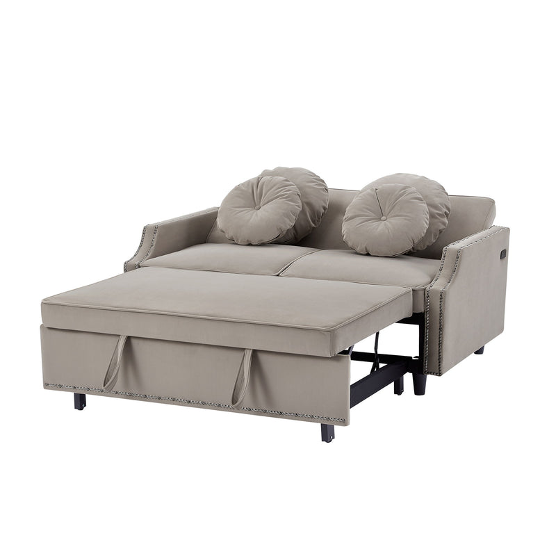 Multiple Adjustable Positions Sofa Bed Stylish Sofa Bed With A Button Tufted Backrest, Two USB Ports And Four Floral Lumbar Pillows For Living Room, Bedroom, Or Small Space