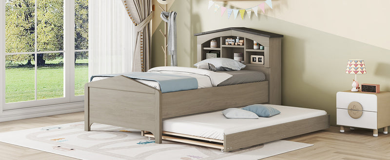 Twin Size Wood Platform Bed with House-shaped Storage Headboard and Trundle, Gray