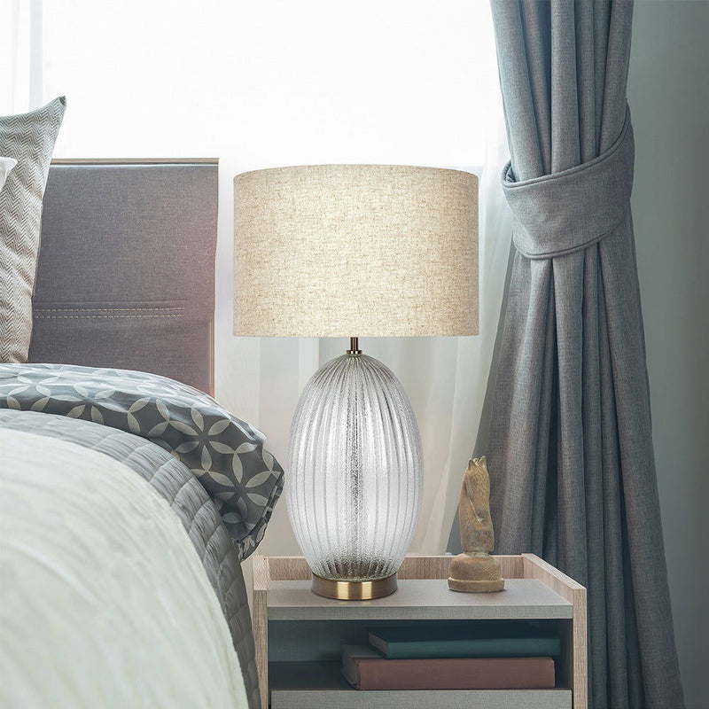 Aurora - Ribbed Lamp Base Clear Table Lamp Large Linen Shade - Beige / Clear / Gold