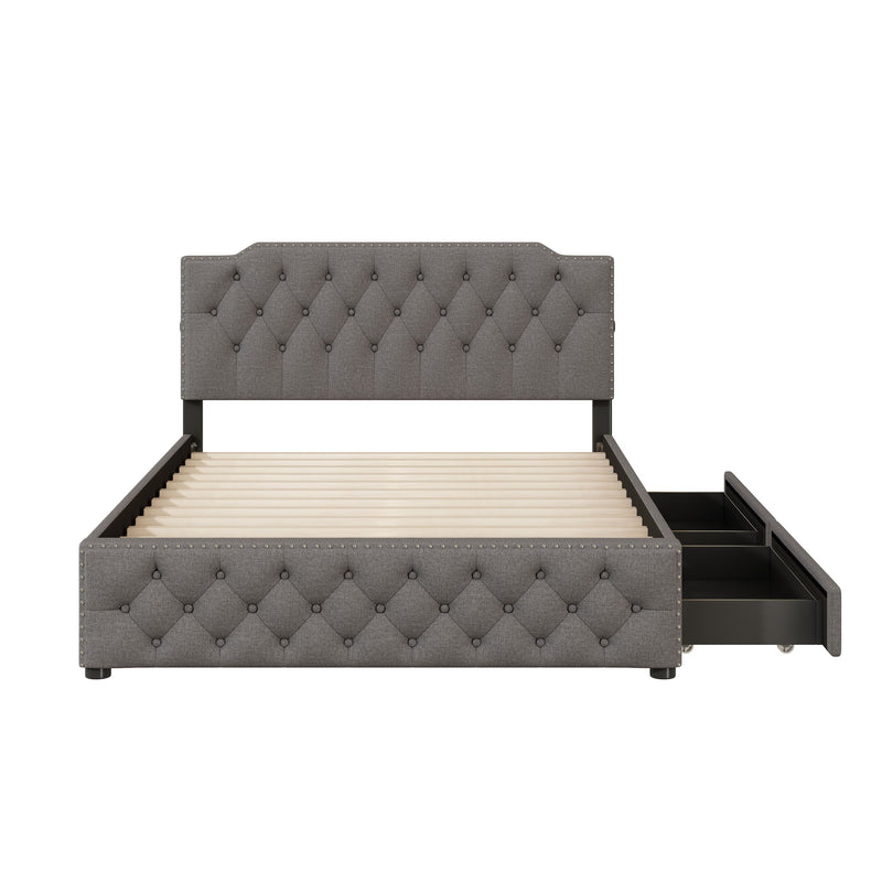 Upholstered Platform Bed With 2 Drawers And 2 Sets Of USB Ports On Each Side, Linen Fabric