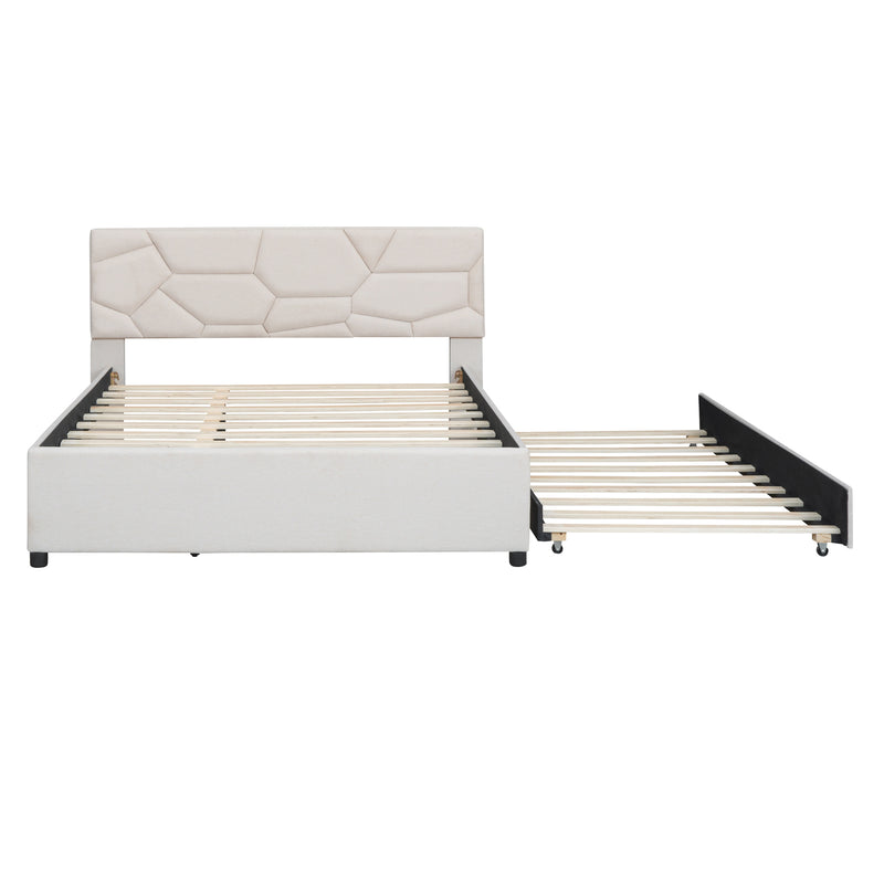 Queen Size Upholstered Platform Bed with Brick Pattern Headboard and Twin XL Size Trundle, Linen Fabric, Beige