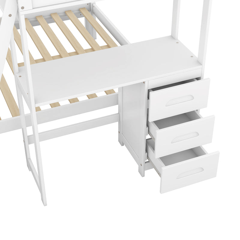 Twin over Full Bunk Bed with Built-in Desk and Three Drawers,White