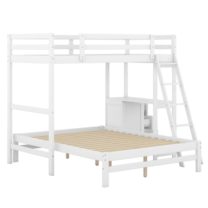 Twin over Full Bunk Bed with Built-in Desk and Three Drawers,White