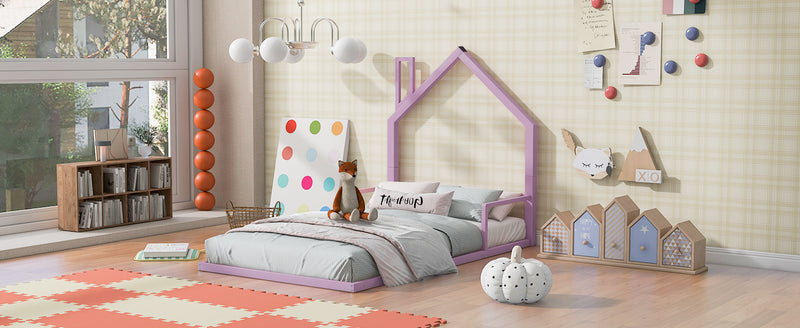 Twin Size Metal Floor Bed with House-shaped Headboard, Pink