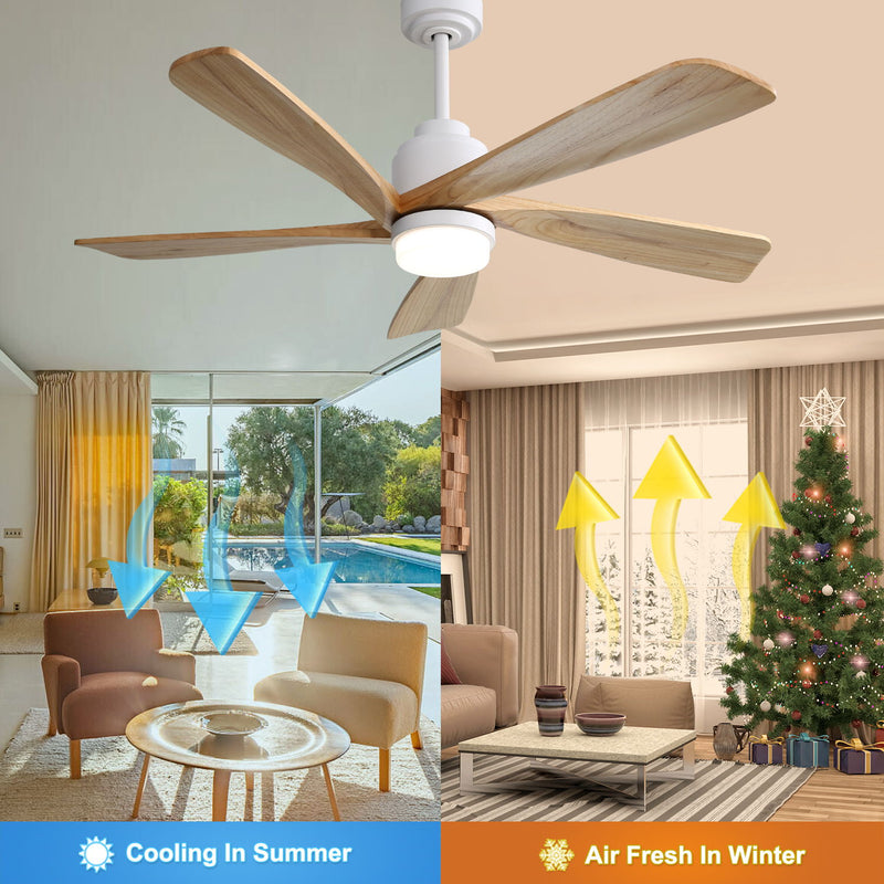 Indoor Ceiling Fan With Dimmable Led Light 5 Solid Wood Blades Remote Control Reversible Dc Motor With Smart App Control - White