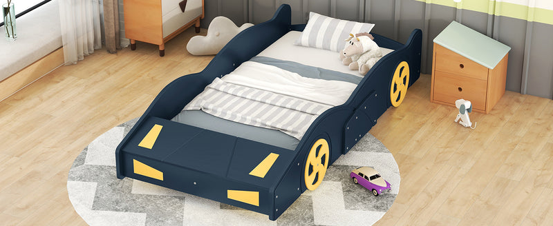 Twin Size Race Car-Shaped Platform Bed with Wheels and Storage, Dark Blue+Yellow