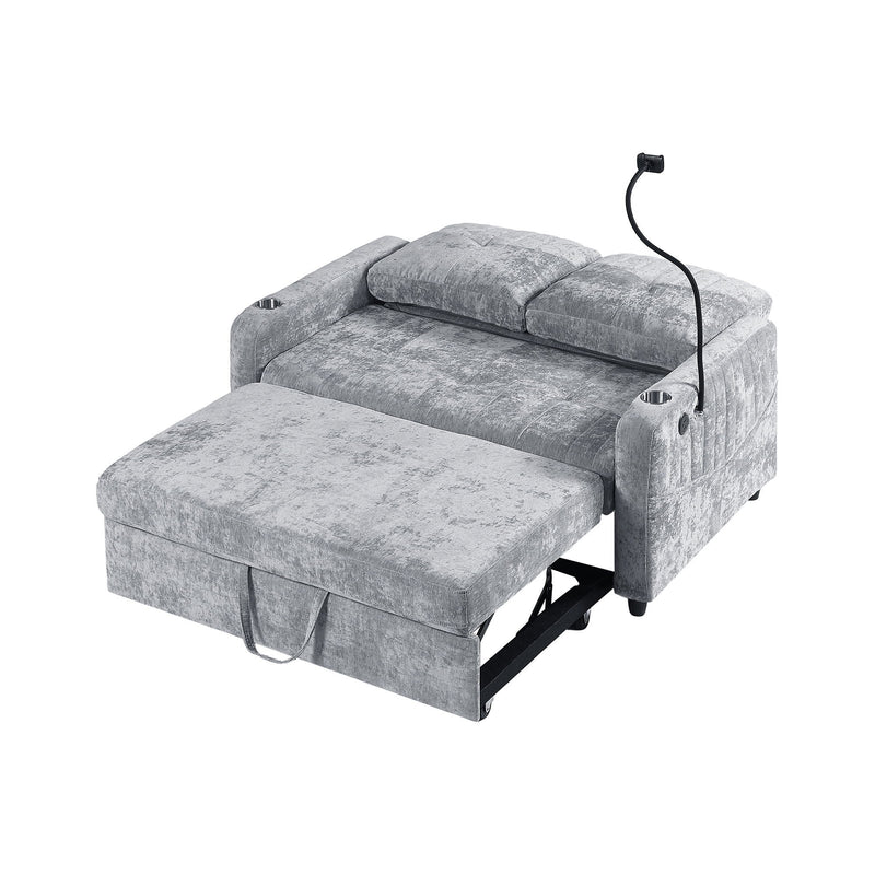 Modern Loveseat Pull Out Sofa Bed With Adjustable Backrest, Two Cup Holders, A Phone Holder, Three Charging Ports And Side Storage Pockets For Living Room