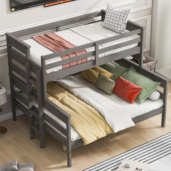 Wood Twin XL over Queen Bunk Bed with Ladder, Gray