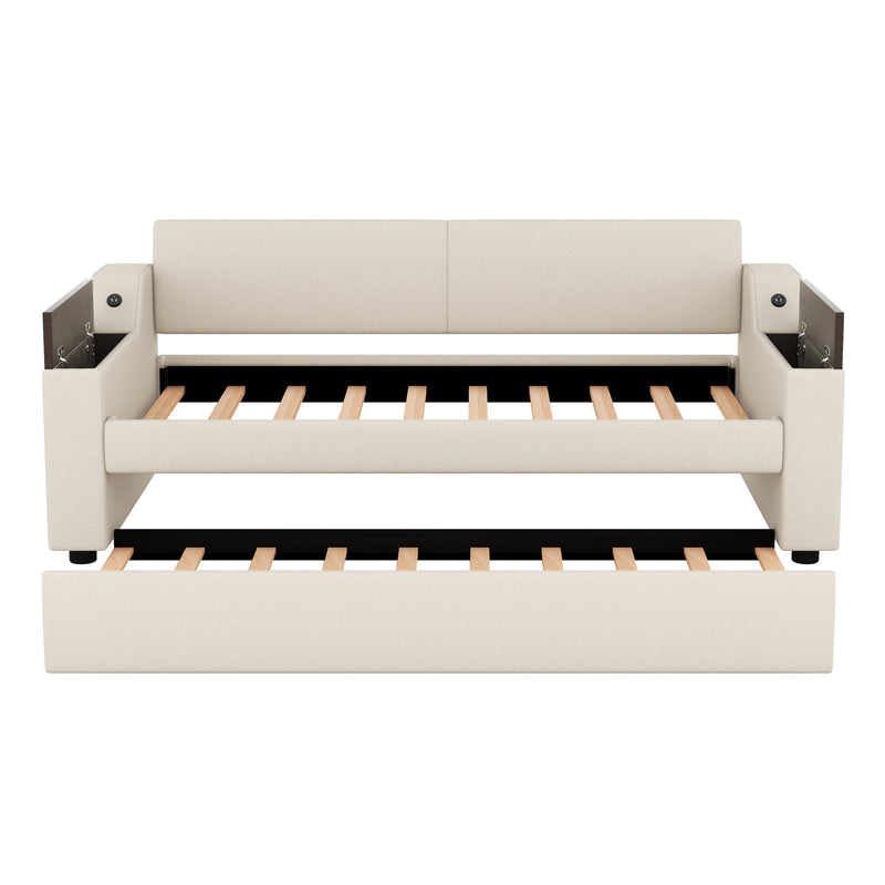 Twin Size Upholstery Daybed with Storage Arms, Trundle and USB Design, Beige