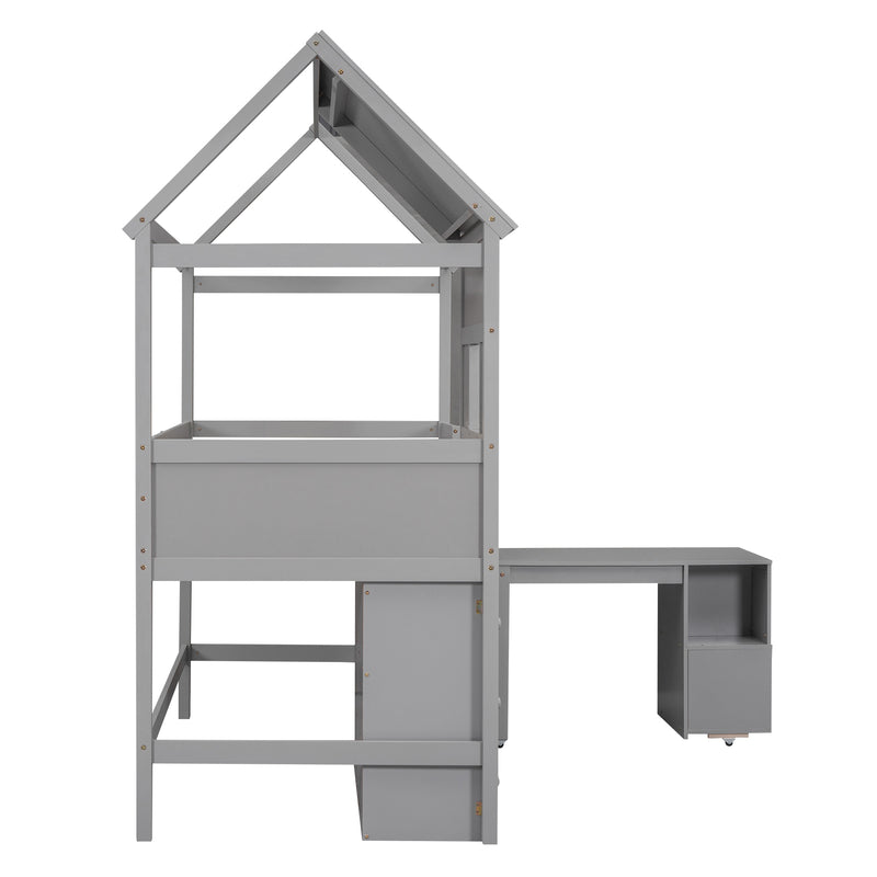 Twin Size House Loft Bed with Storage Desk and 3 Drawer Chest, Gray