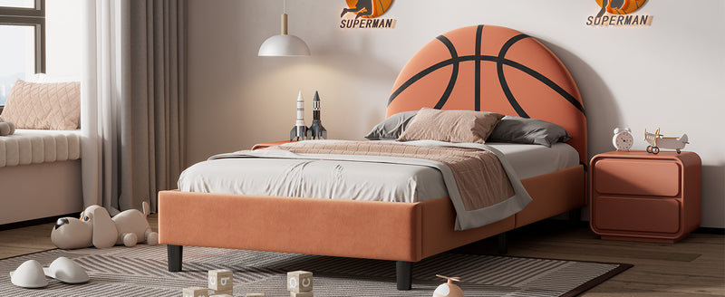 Basketball Design Upholstered Twin Platform Bed Sport Style Bed for Boys & Girls, Teens, Orange