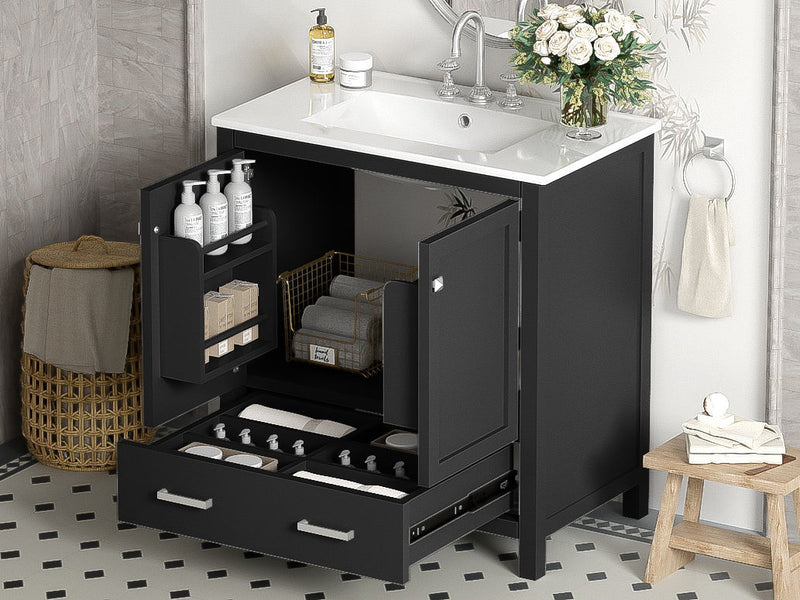 Bathroom Vanity With Single Sink, Combo Cabinet Undermount Sink, Bathroom Storage Cabinet With Two Doors And A Drawer, Soft Closing, Multifunctional Storage, Solid Wood Frame